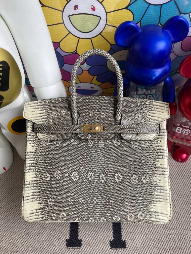 Hermès（爱马仕）Birkin 铂金包 Lizard 进口亮面蜥蜴 原色 小喜马拉雅色 金扣 25cm 顶级手缝