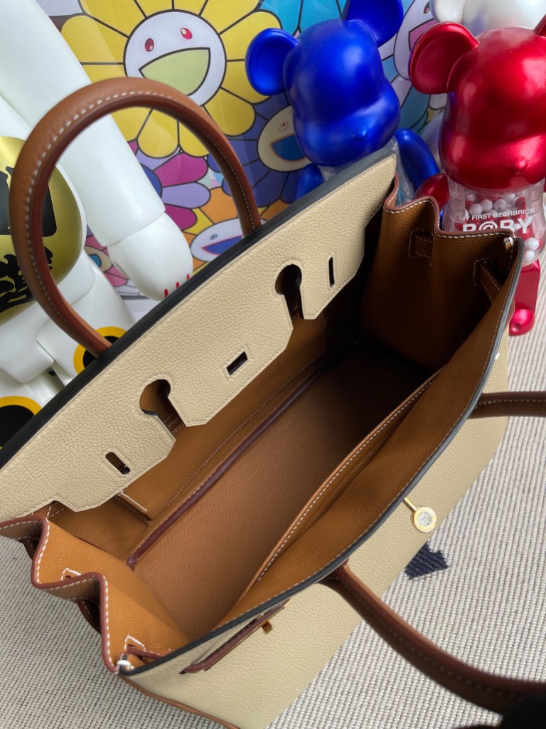 Hermès（爱马仕）Birkin 铂金包 原厂小牛皮  风衣灰拼金棕色 金扣 马蹄印 30cm 顶级手缝