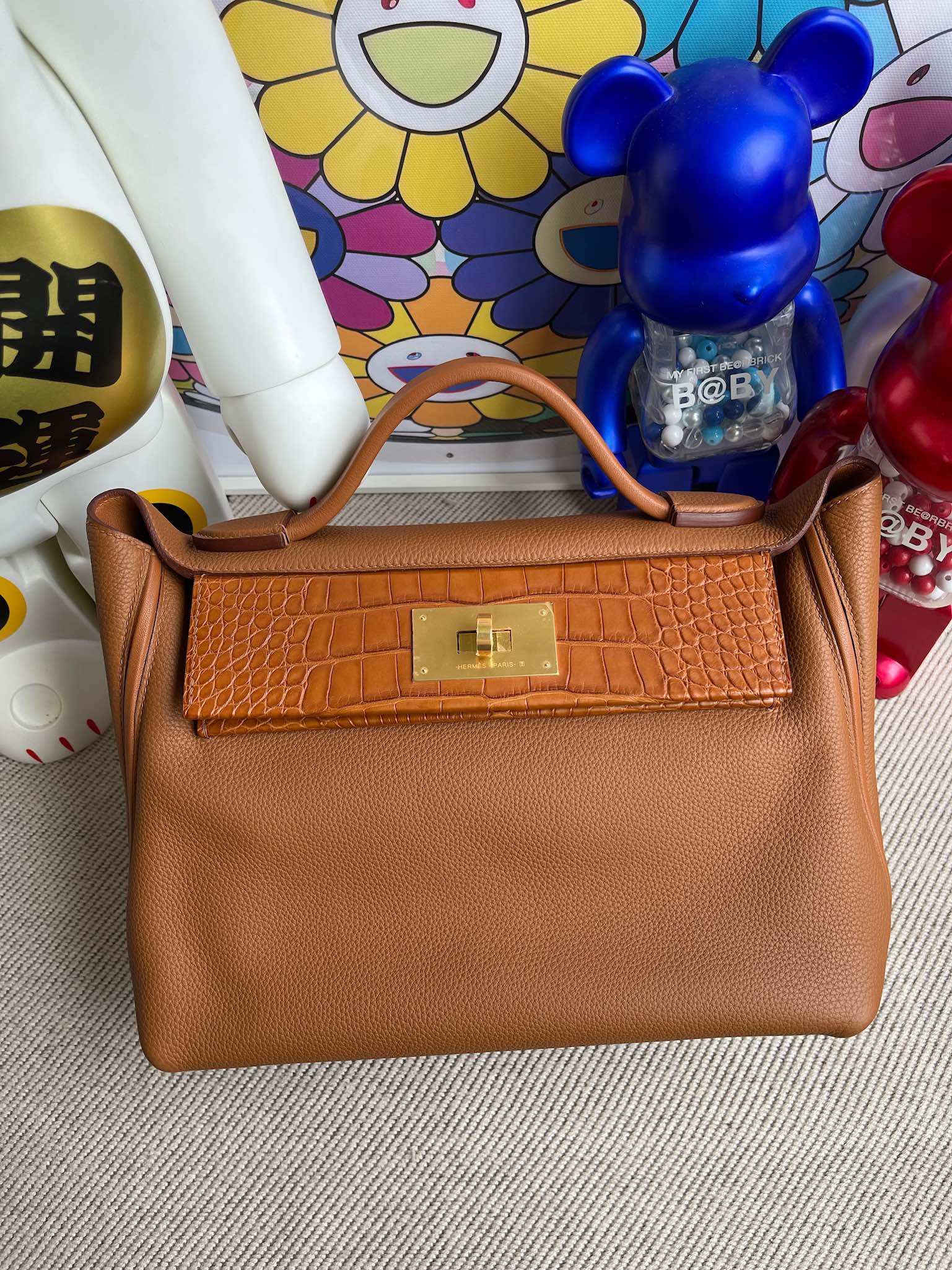 Hermès（爱马仕）Touch 系列 2424 金棕拼雾面棕色鳄鱼 金扣 29cm 顶级手缝