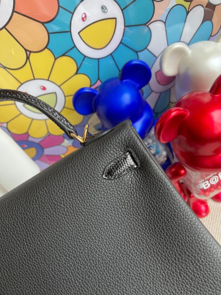 Hermès（爱马仕）Kelly 凯莉包 黑色 原厂小牛 拼 进口亮面蜥蜴 lizard 金扣 25cm 顶级手缝 定制