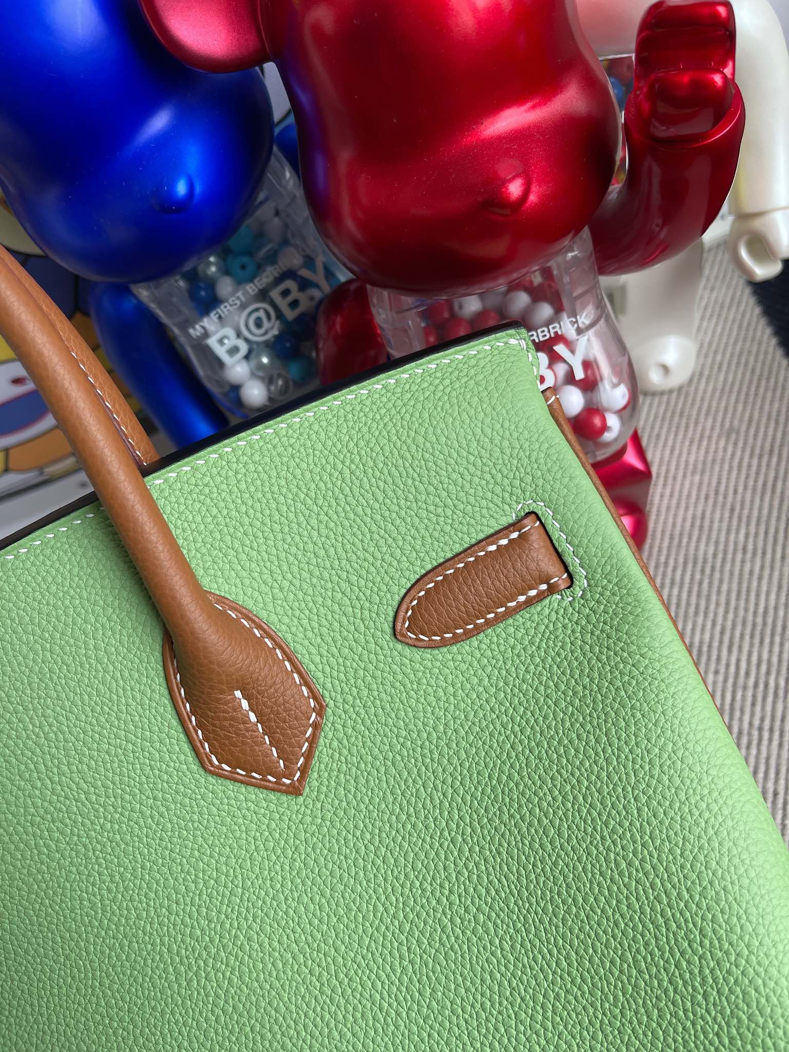 Hermès（爱马仕）Birkin 铂金包 原厂小牛皮Togo 奶昔白 拼 牛油果绿 拼 金棕 银扣 30cm 马蹄印 顶级手缝