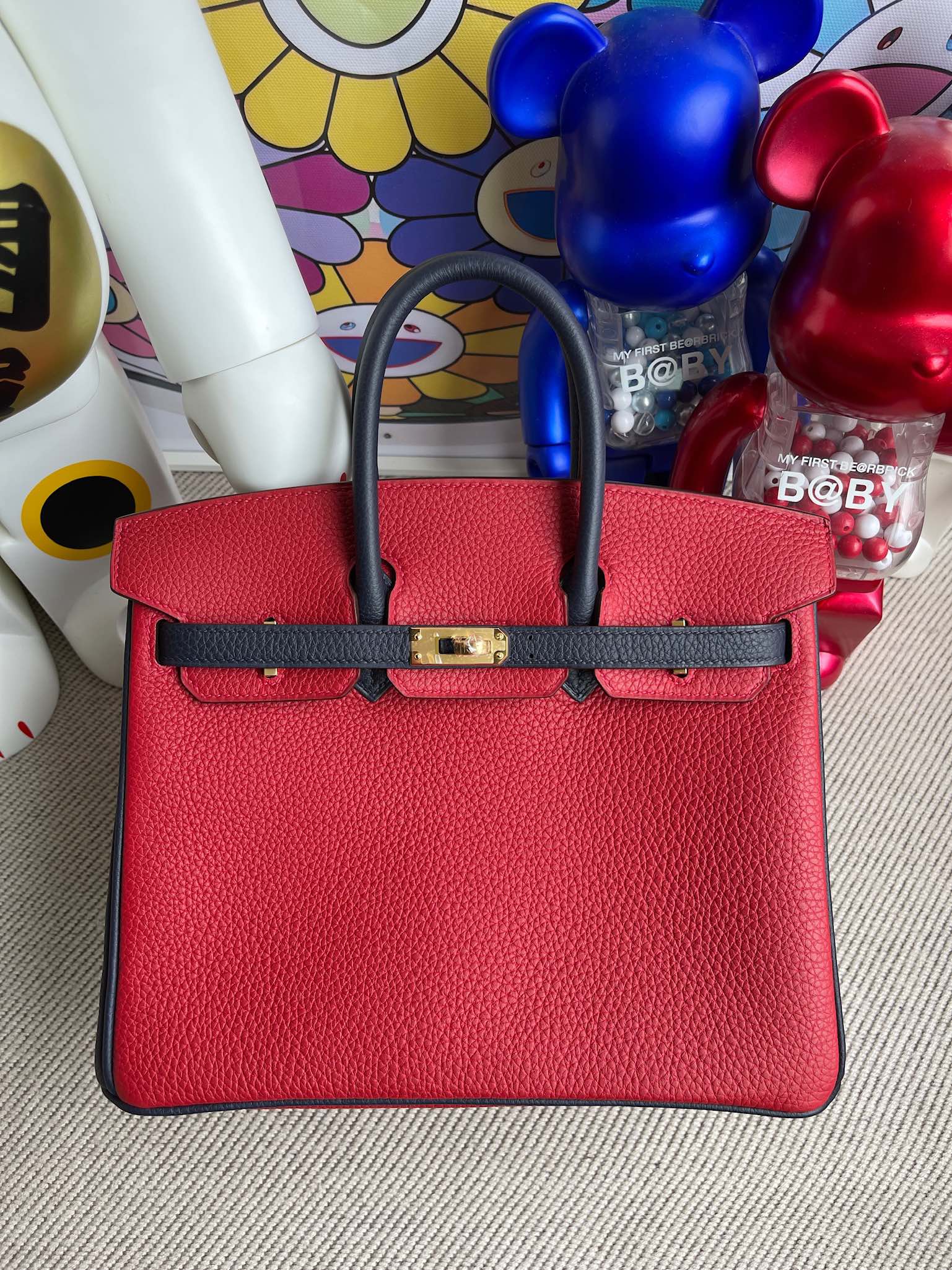Hermès（爱马仕）Birkin 铂金包 原厂小牛皮Togo Q5 国旗红 拼 午夜蓝 金扣 马蹄银 25cm 顶级手缝
