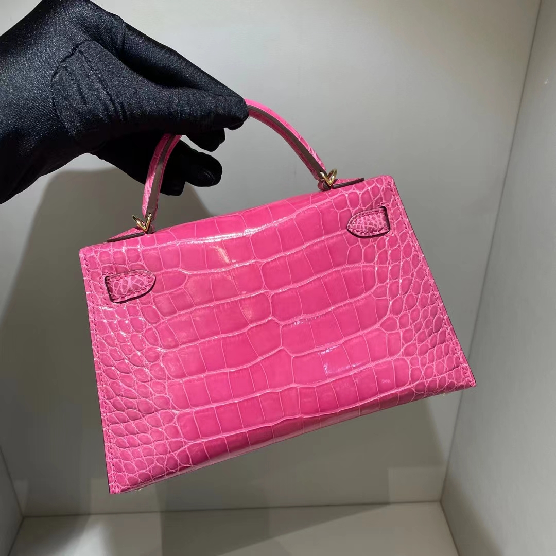 Hermès（爱马仕）Kelly Mini Ⅱ 迷你凯莉 亮面美洲鳄鱼 桃粉色 金扣 19cm Shiny Alligator Crocodile