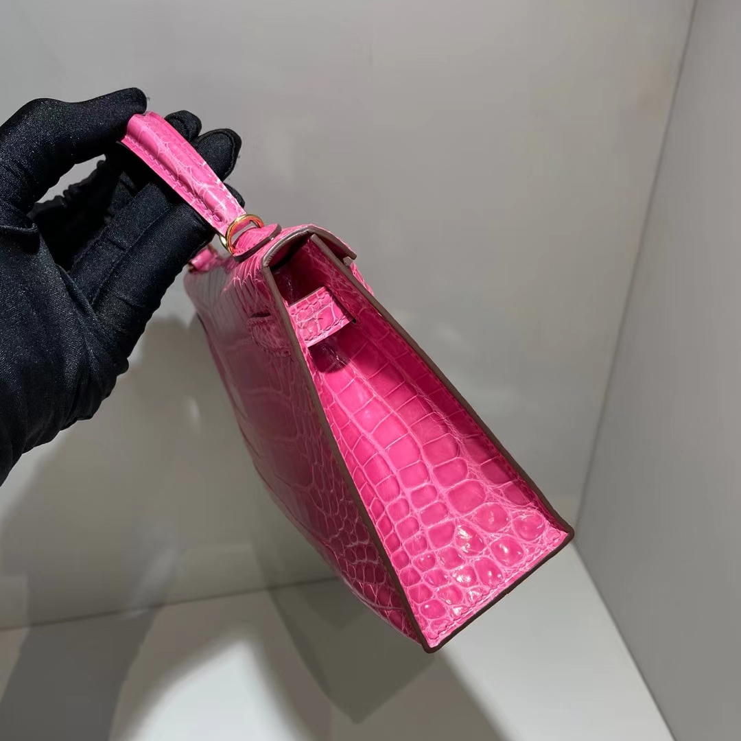 Hermès（爱马仕）Kelly Mini Ⅱ 迷你凯莉 亮面美洲鳄鱼 桃粉色 金扣 19cm Shiny Alligator Crocodile