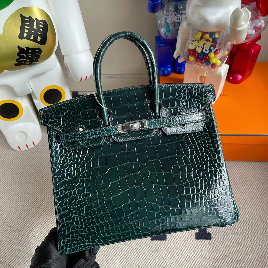 Hermès（爱马仕） Birkin 凯莉包 亮面美洲鳄鱼 6O 松柏绿 银扣 Shiny Alligator Crocodile 25cm