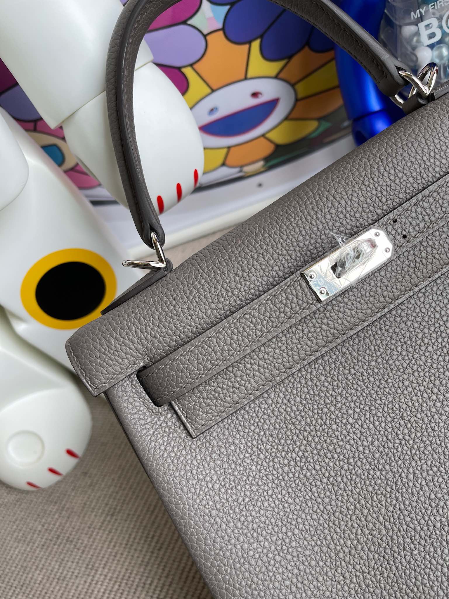 Hermès（爱马仕）Kelly 凯莉包 原厂小牛皮 togo 8F 锡器灰 Etain 银扣 25cm 顶级手缝