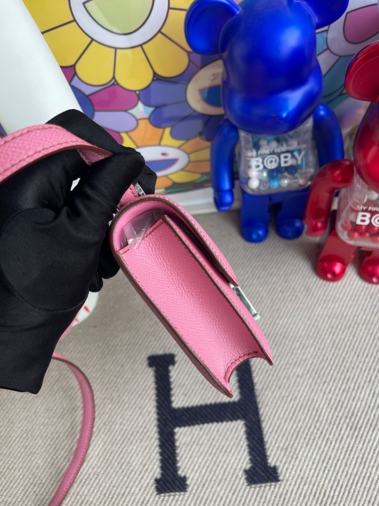 Hermès（爱马仕）Constance 康斯坦斯 Epsom 原厂掌纹皮 5P 樱花粉 银扣 14cm 顶级手缝
