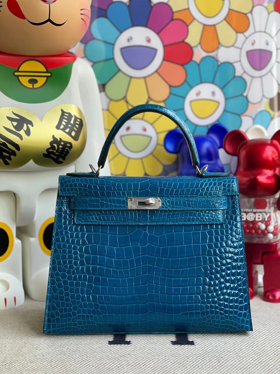 Hermès（爱马仕）Kelly 凯莉包 亮面倒v澳洲湾鳄 shiny alligator crocodile 7w 伊兹密尔蓝 银扣 28cm