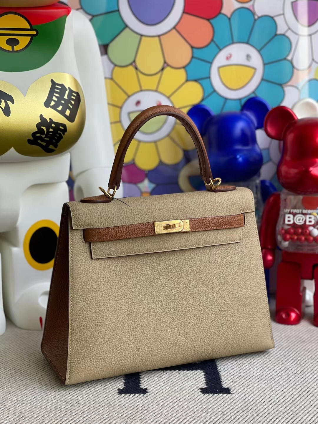 Hermès（爱马仕）Kelly 凯莉包 S2 风衣灰 拼 Ck37 金棕色 Togo 外缝 金扣 25cm