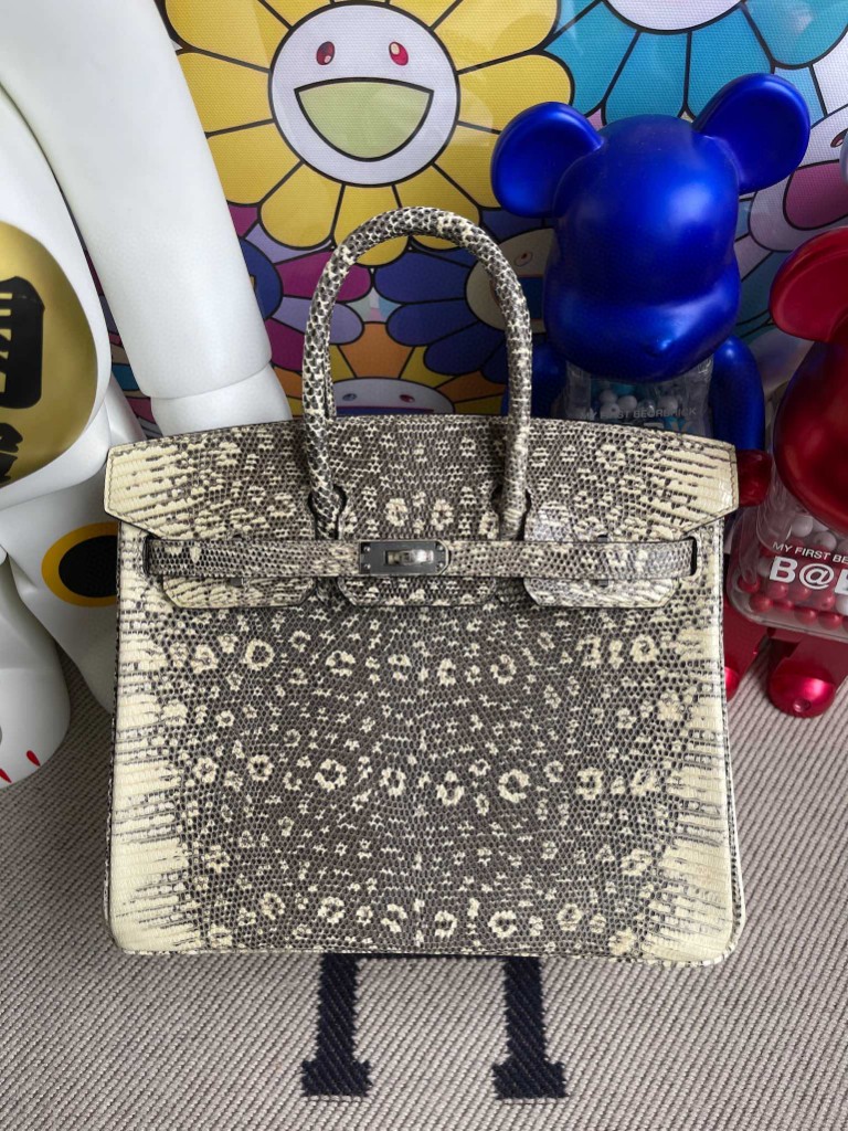Hermès（爱马仕）Birkin 铂金包 Lizard 进口亮面蜥蜴 原色 小喜马拉雅色 银扣 25cm 顶级手缝
