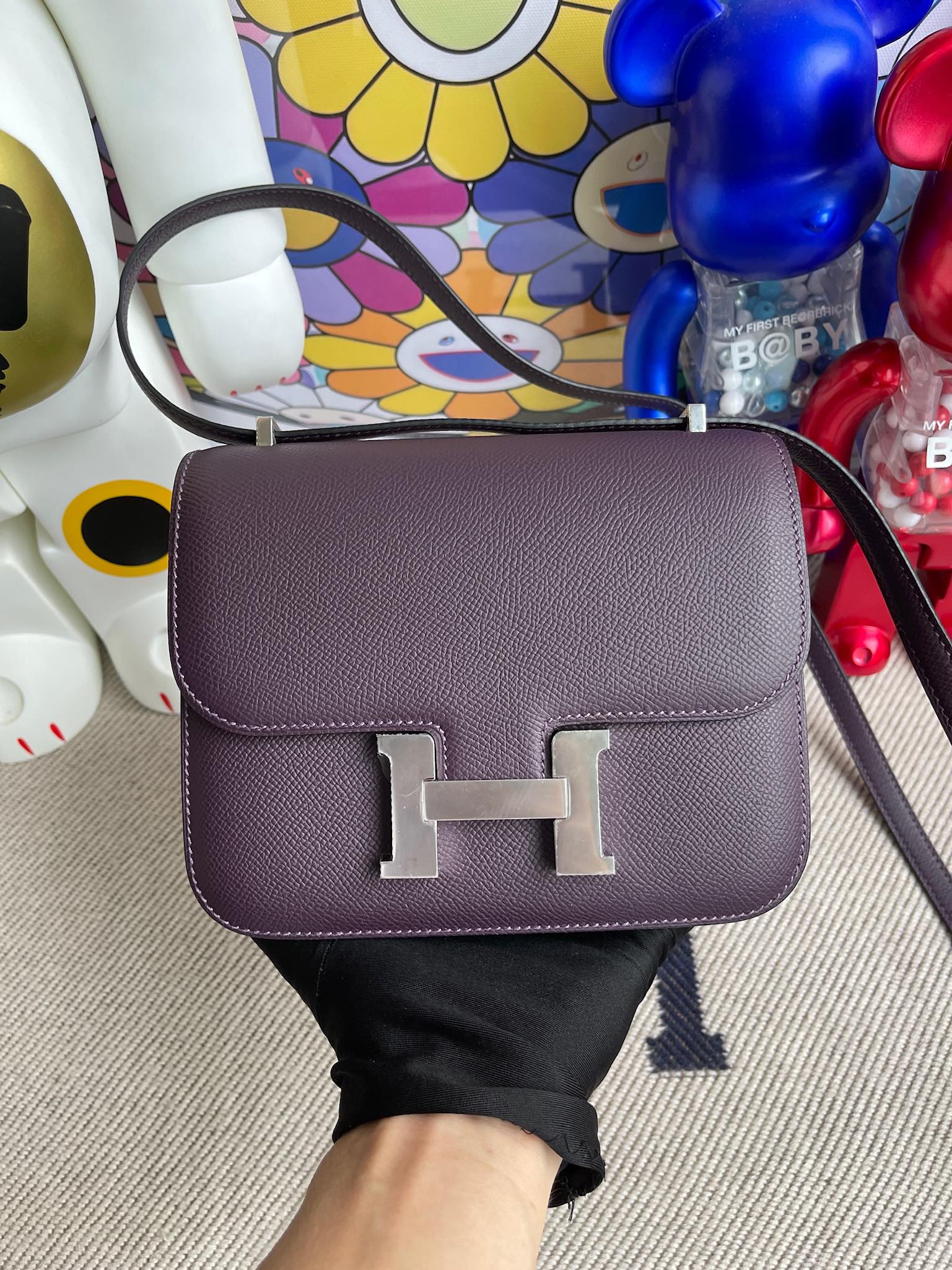 Hermès（爱马仕）Constance 空姐包 Epsom 原厂掌纹皮 葡萄紫 银扣 18cm 顶级手缝