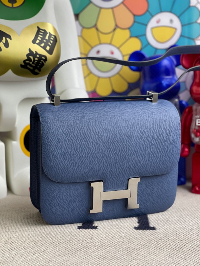Hermès（爱马仕）Constance 康斯坦斯 Epsom 原厂掌纹皮 7E 明蓝色 银扣 24cm 顶级手缝
