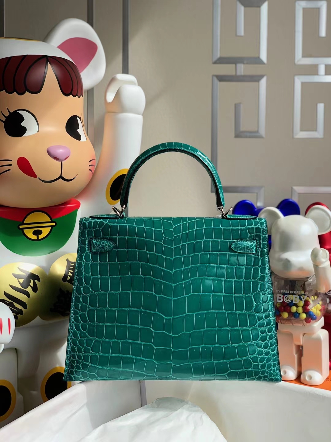 Hermès（爱马仕）Kelly 凯莉包 亮面倒v澳洲湾鳄 O6 帝王绿 shiny porosus crocodile 银扣 28cm