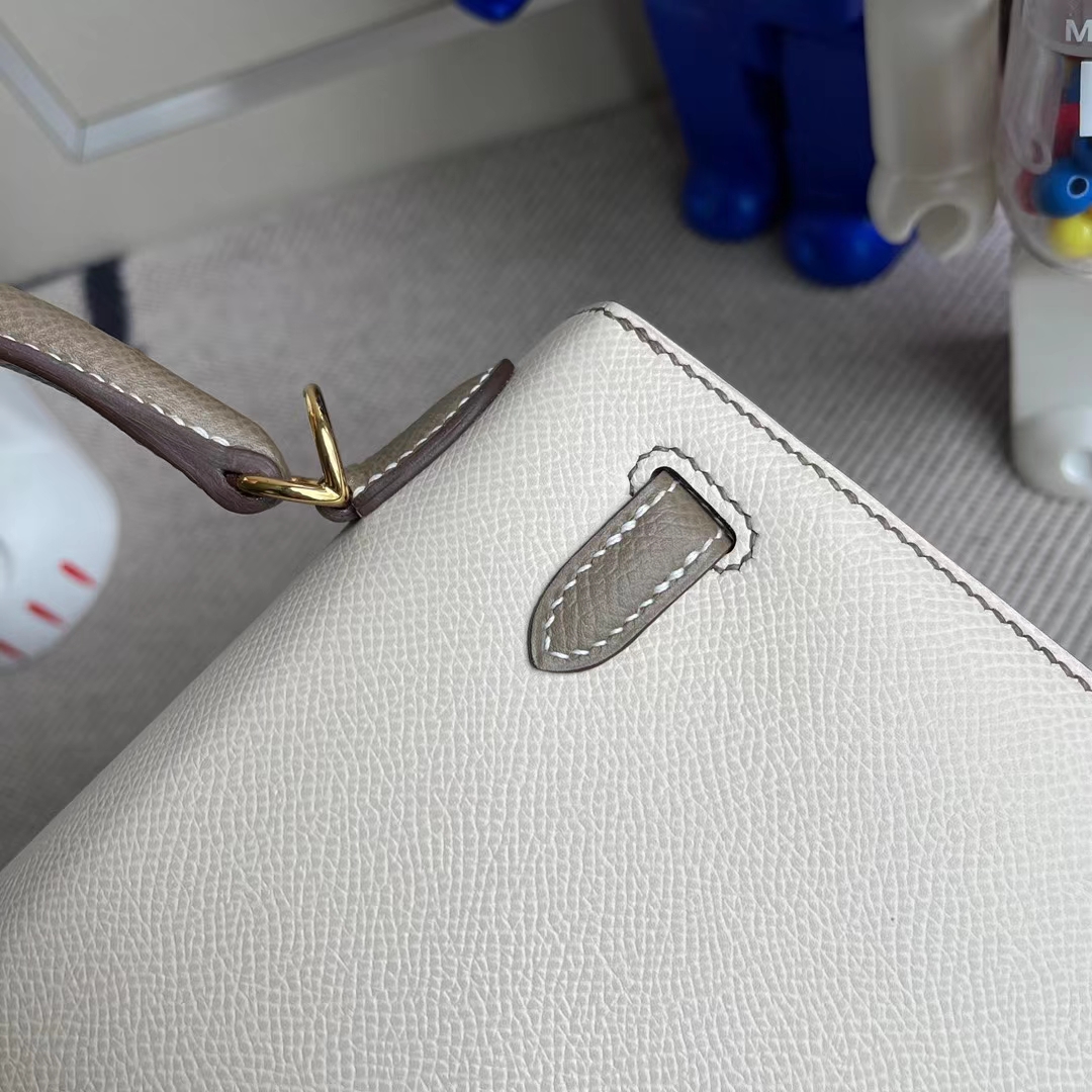 Hermès（爱马仕）Kelly 凯莉包 Epsom Ck10 奶昔白 拼 ck18 大象灰 金扣 25cm
