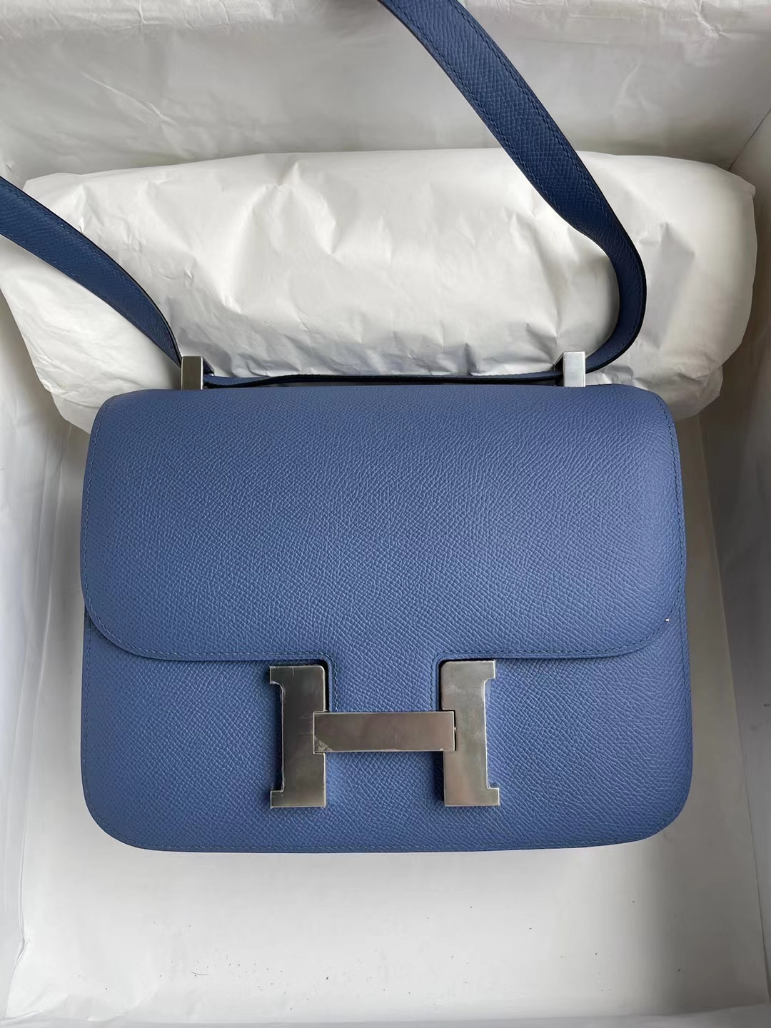 Hermès（爱马仕）Constance 空姐包 Epsom 7E 明蓝色 银扣 24cm