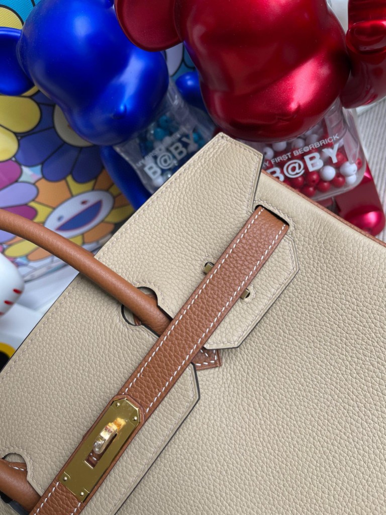 Hermès（爱马仕）Birkin 铂金包 原厂小牛皮  风衣灰拼金棕色 金扣 马蹄印 30cm 顶级手缝