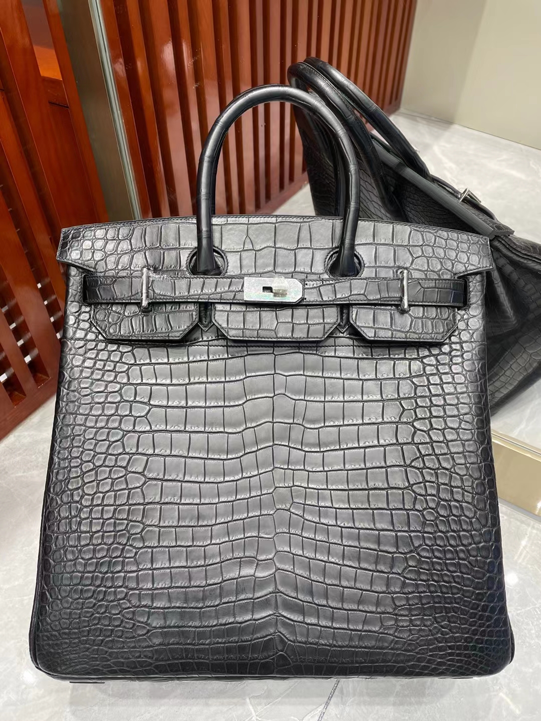 Hermès（爱马仕）Hac 40cm 雾面湾鳄鳄鱼 Ck89 黑色 银扣 顶级工艺 全手工缝制 Matte Porosus Crocodile
