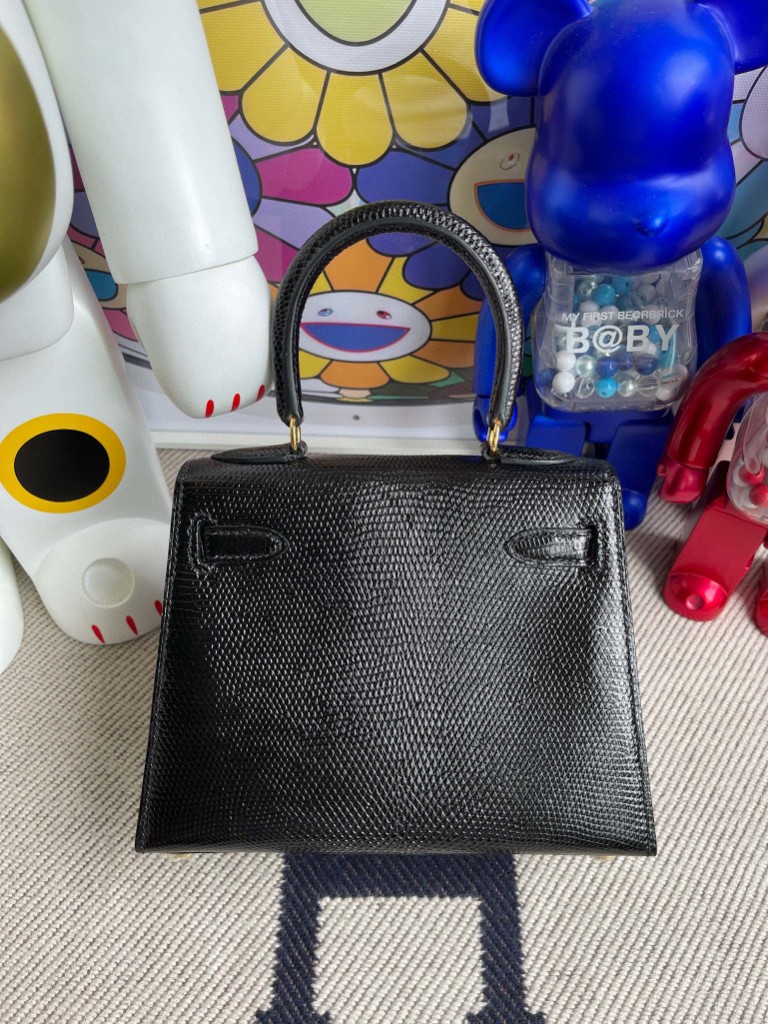 Hermès（爱马仕）Kelly 20cm 大耳朵 Lizard 进口亮面蜥蜴 ck89 黑色 Noir 金扣 顶级手缝