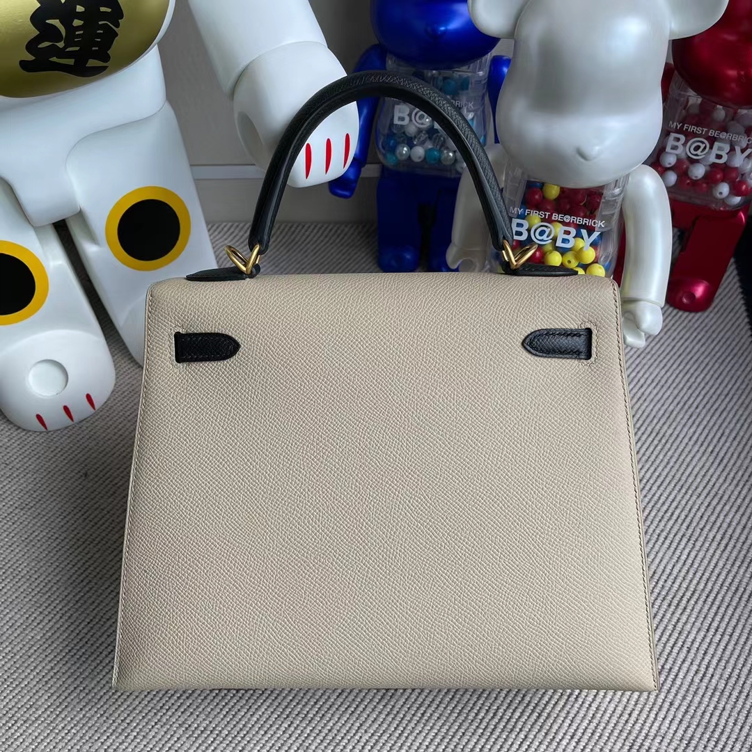 Hermès（爱马仕）Kelly 凯莉包 Epsom S2 风衣灰 拼 ck89 黑色 磨砂金扣 25cm