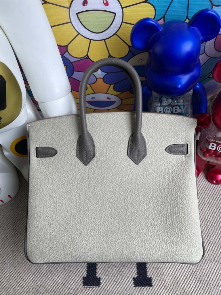 Hermès（爱马仕）Birkin 铂金包 原厂小牛皮 ck10 奶昔白 拼 锡器灰 金扣 马蹄印 25cm 顶级手缝