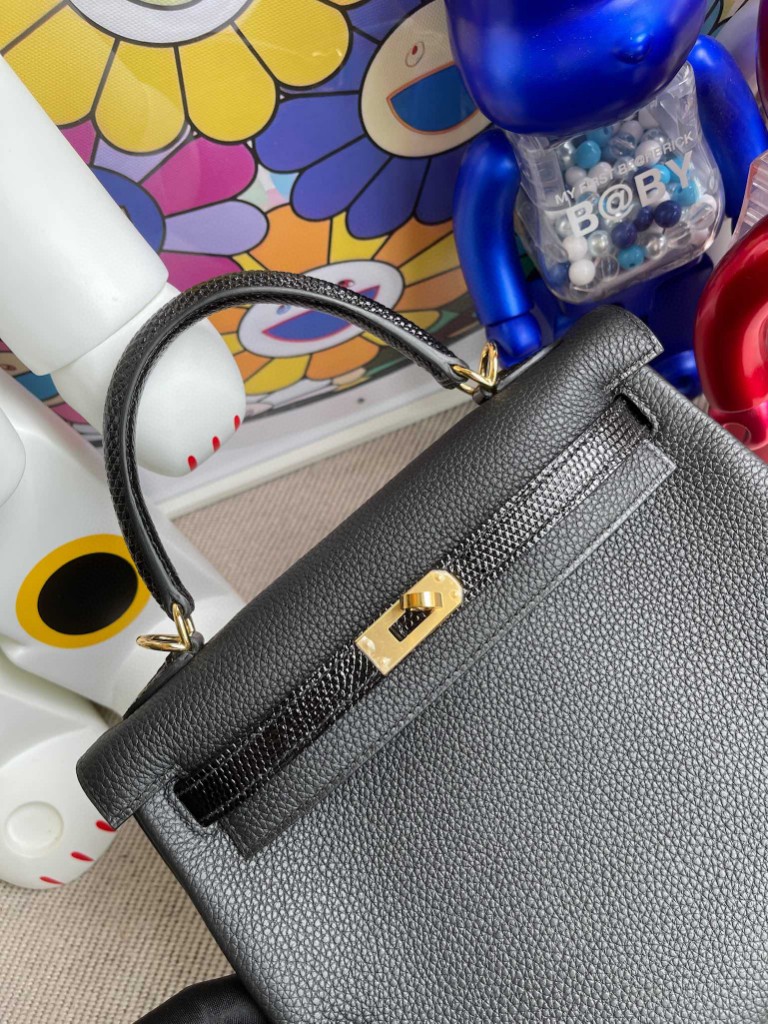Hermès（爱马仕）Kelly 凯莉包 黑色 原厂小牛 拼 进口亮面蜥蜴 lizard 金扣 25cm 顶级手缝 定制