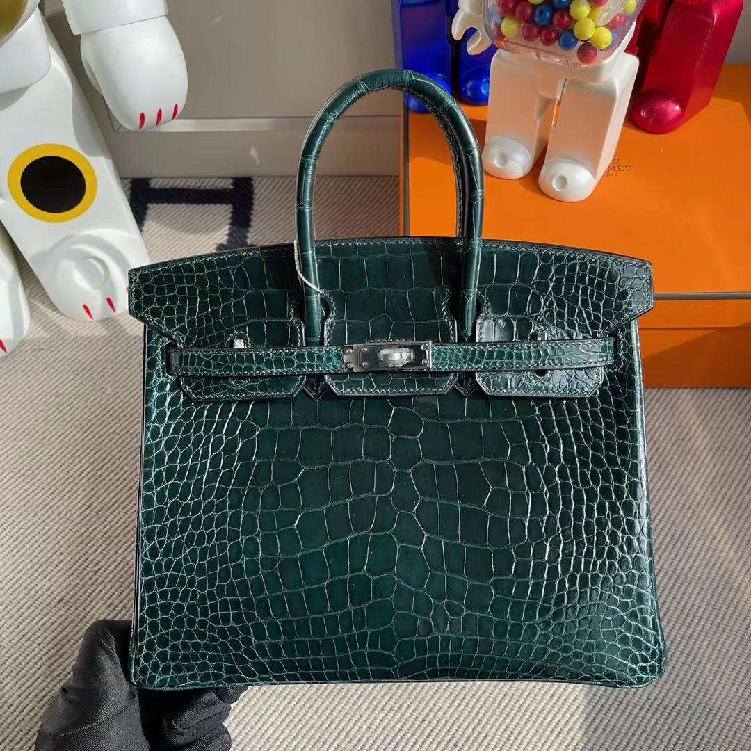Hermès（爱马仕） Birkin 凯莉包 亮面美洲鳄鱼 6O 松柏绿 银扣 Shiny Alligator Crocodile 25cm