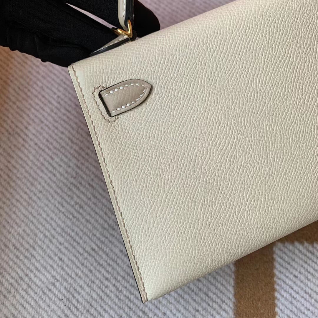 Hermès（爱马仕）Kelly Mini Ⅱ 迷你凯莉 Hss Epsom Ck10 奶昔白 拼 S2 风衣灰 金扣 19cm