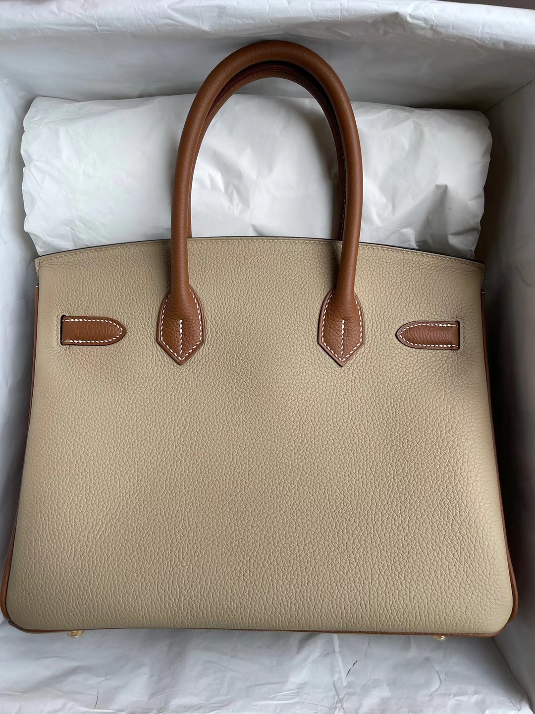 Hermès（爱马仕）Birkin 铂金包 Hss Togo S2 风衣灰 拼 Ck37 金棕色 金扣 定制 30cm