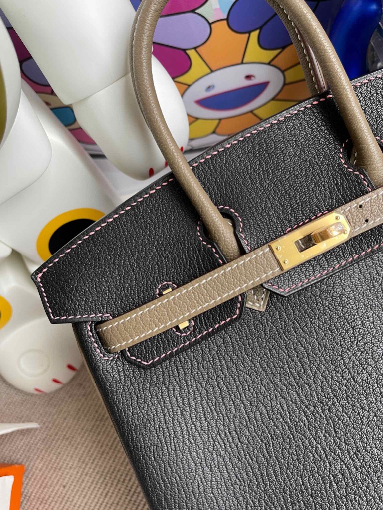 Hermès（爱马仕）Birkin 铂金包 Chevre 山羊皮 ck89 黑色 拼 大象灰 内拼 唇膏粉 磨砂金扣 马蹄印 25cm 定制