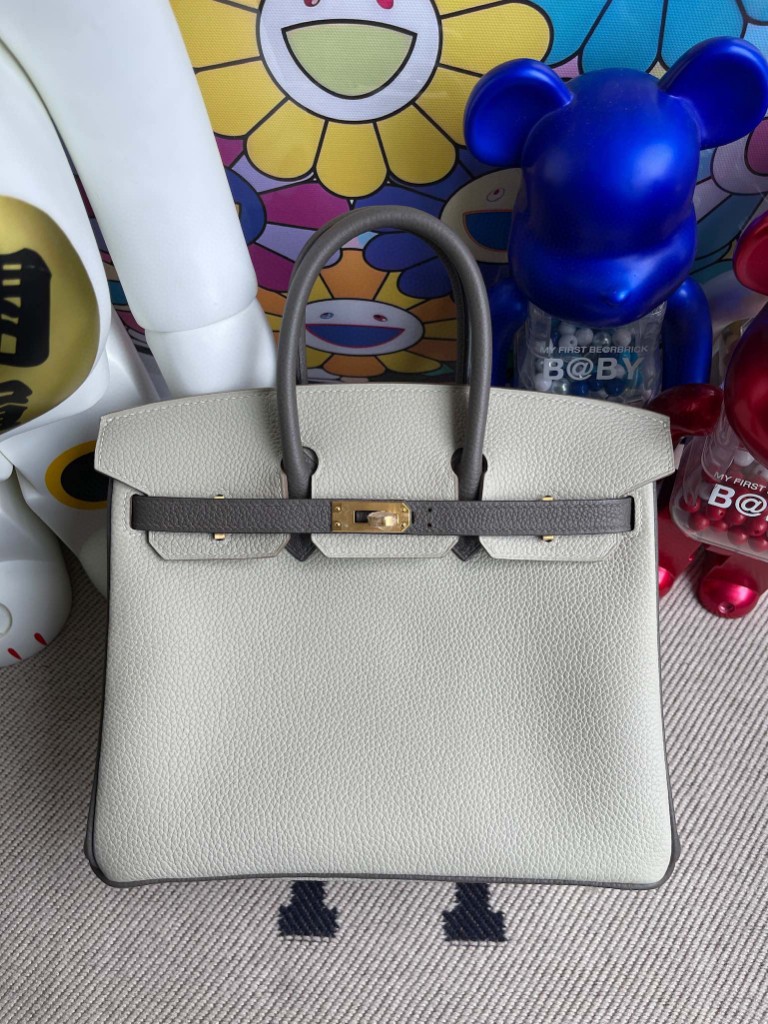 Hermès（爱马仕）Birkin 铂金包 原厂小牛皮 ck10 奶昔白 拼 锡器灰 金扣 马蹄印 25cm 顶级手缝