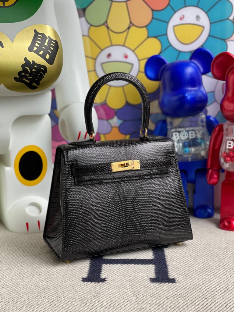 Hermès（爱马仕）Kelly 20cm 大耳朵 Lizard 进口亮面蜥蜴 ck89 黑色 Noir 金扣 顶级手缝