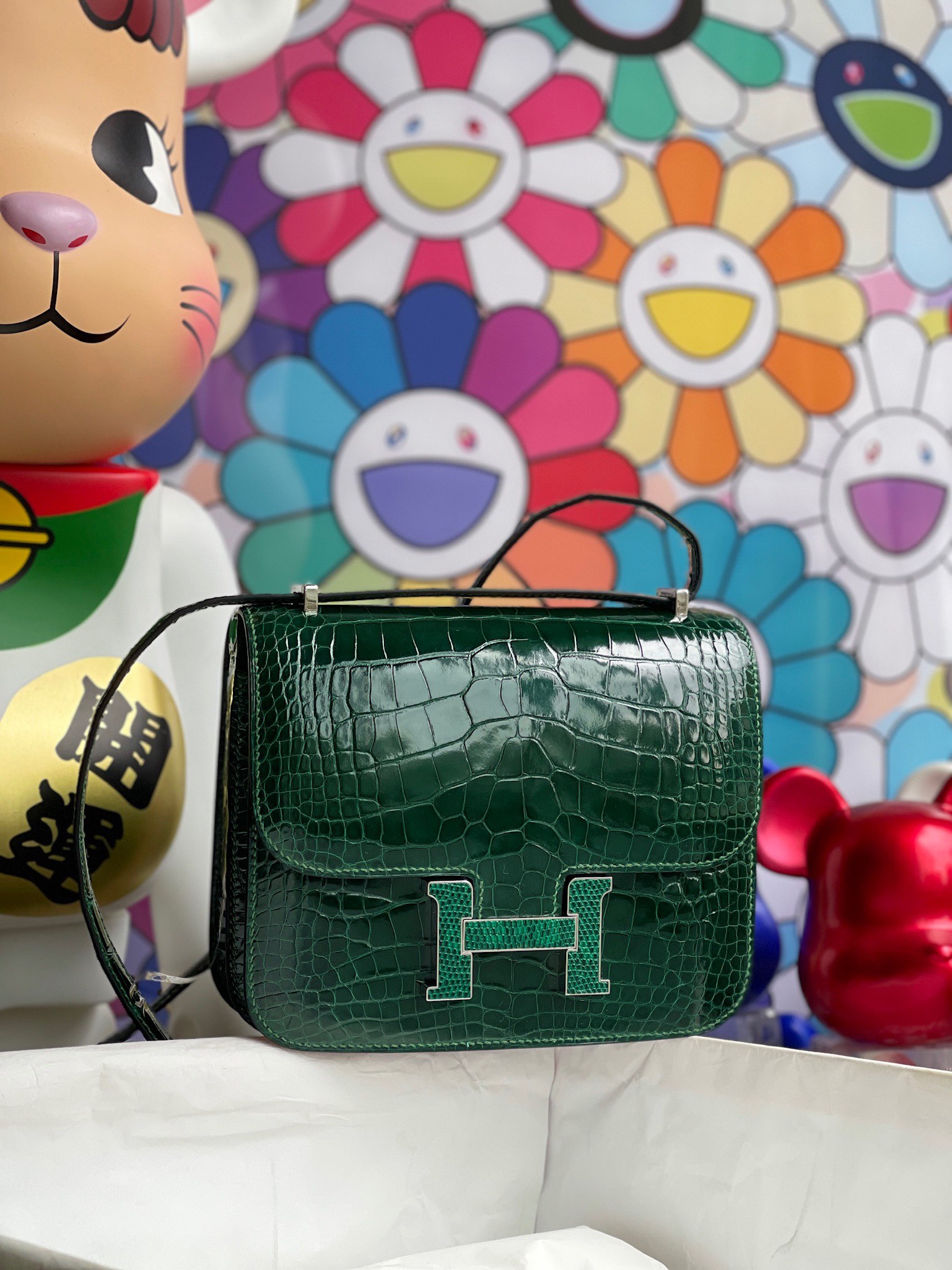 Hermès（爱马仕）Constance 空姐包 Alligator shiny 亮面鳄鱼 祖母绿拼蜥蜴扣 18cm 顶级手缝 定制