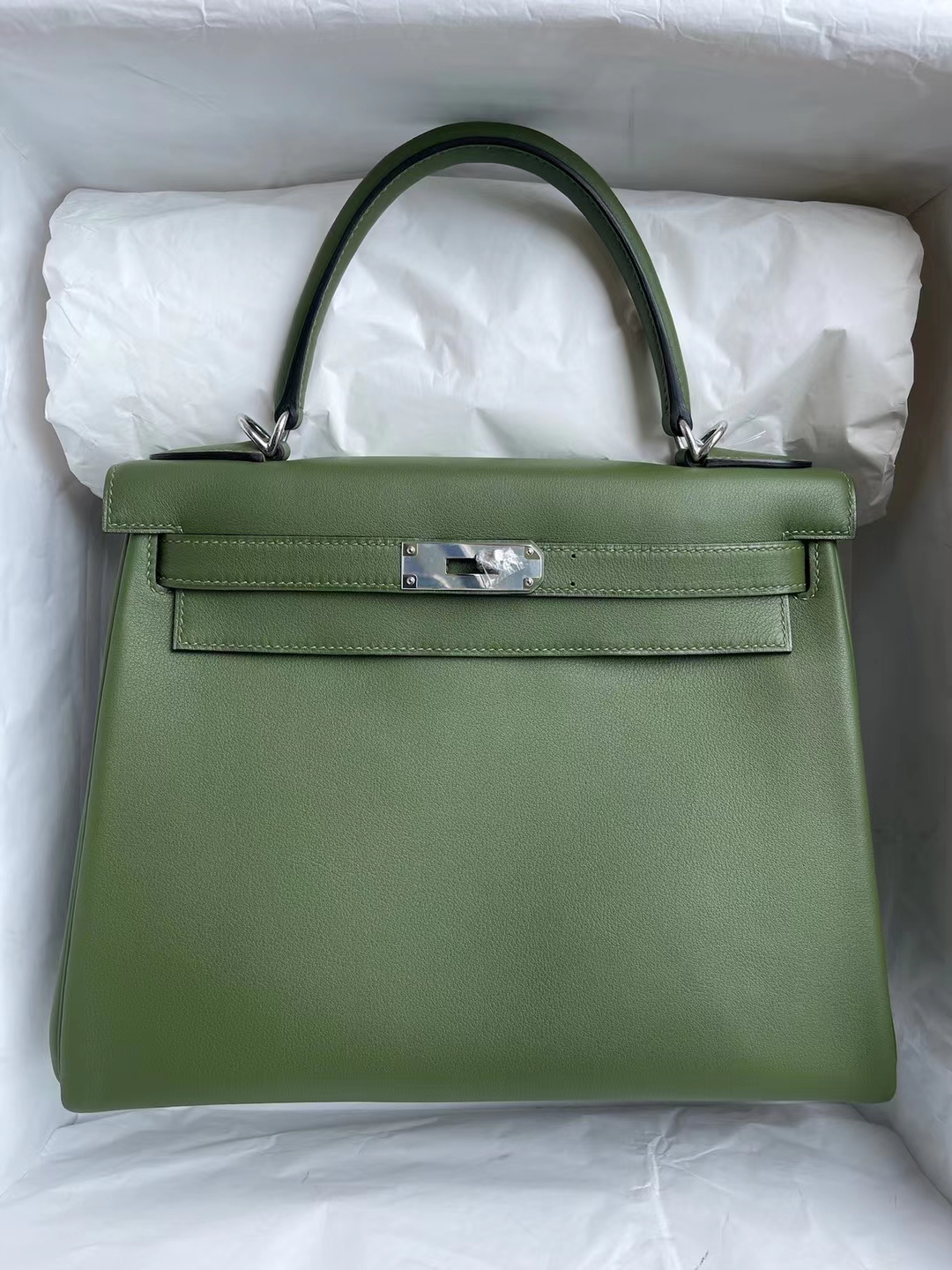 Hermès（爱马仕）Kelly 凯莉包 Swift 进口平纹皮 V6 丛林绿 全手工缝制 银扣 28cm 定制