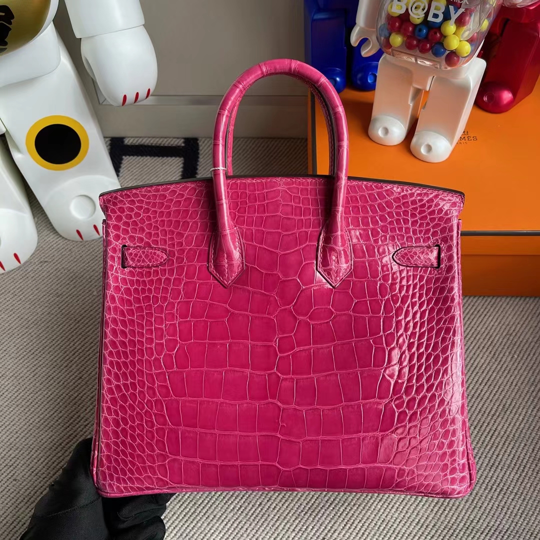 Hermès（爱马仕）Birkin 凯莉包 亮面美洲鳄 5j 桃红色 金扣 Shiny Alligator Crocodile 25cm