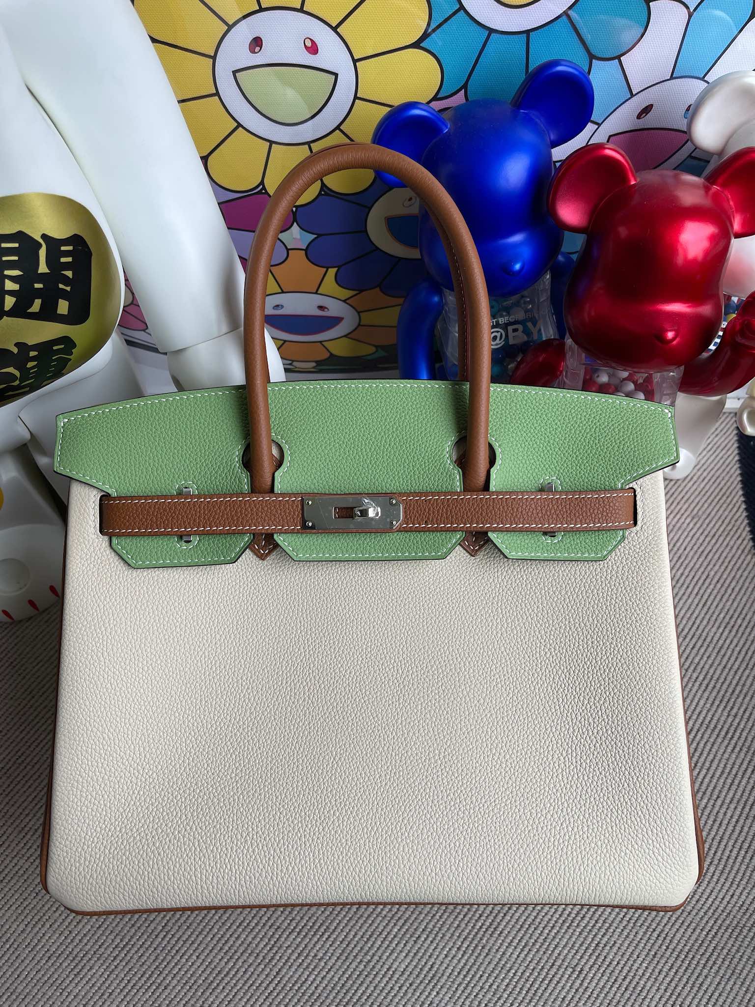 Hermès（爱马仕）Birkin 铂金包 原厂小牛皮Togo 奶昔白 拼 牛油果绿 拼 金棕 银扣 30cm 马蹄印 顶级手缝