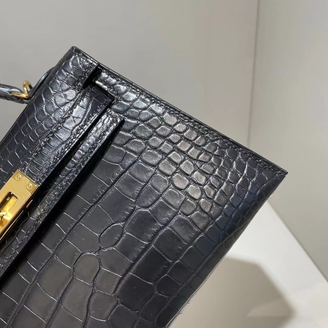Hermès（爱马仕）Kelly Mini Ⅱ 迷你凯莉 雾面美洲鳄鱼 Ck89 黑色 金扣 19cm