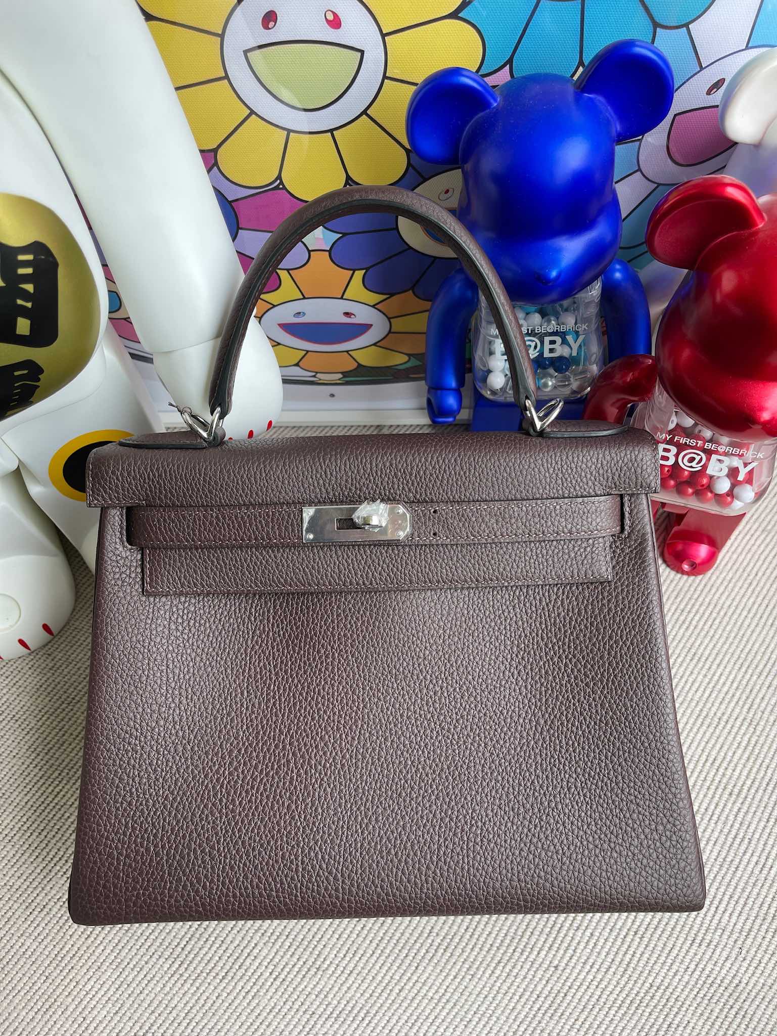 Hermès（爱马仕）Kelly 凯莉包 原厂小牛皮 togo 乌木色 银扣 28cm 顶级手缝