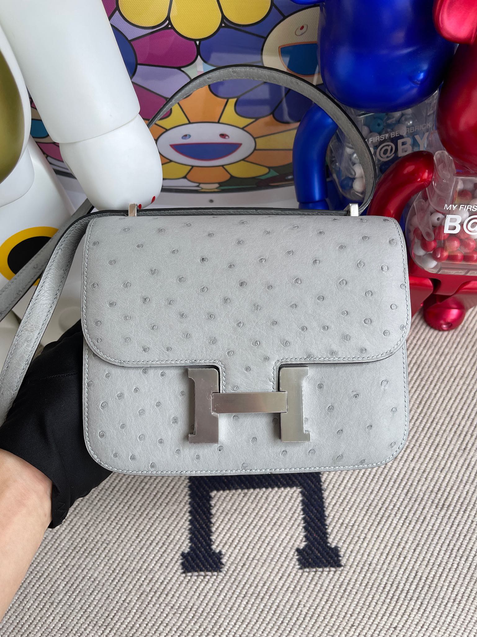 Hermès（爱马仕）Constance 空姐包 Ostrich kk鸵鸟 8U 冰川蓝 银扣 18cm 顶级手缝 定制
