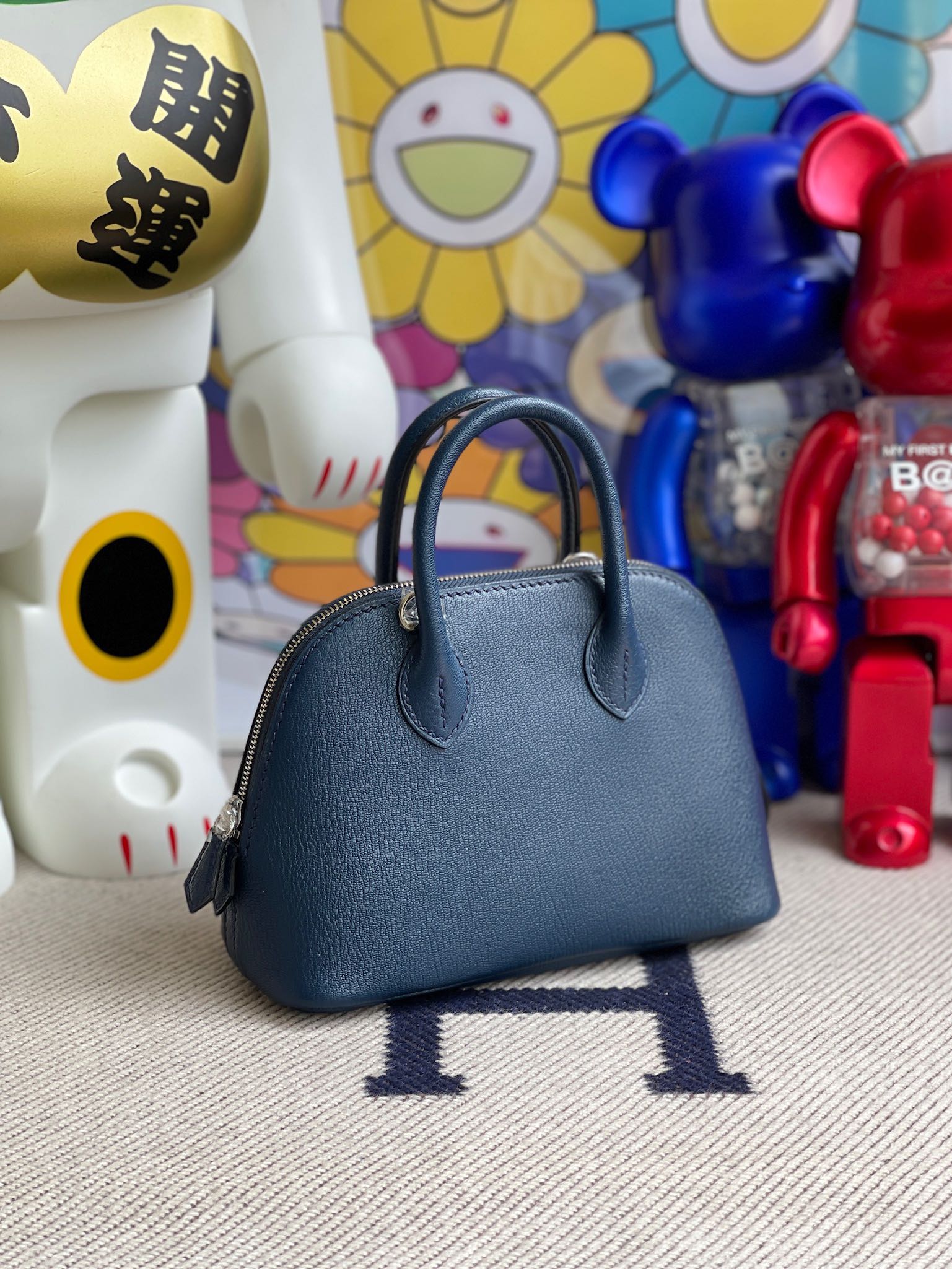Hermès（爱马仕）Mini bolide Chevre 山羊皮 深蓝色 银扣 顶级手缝 定制