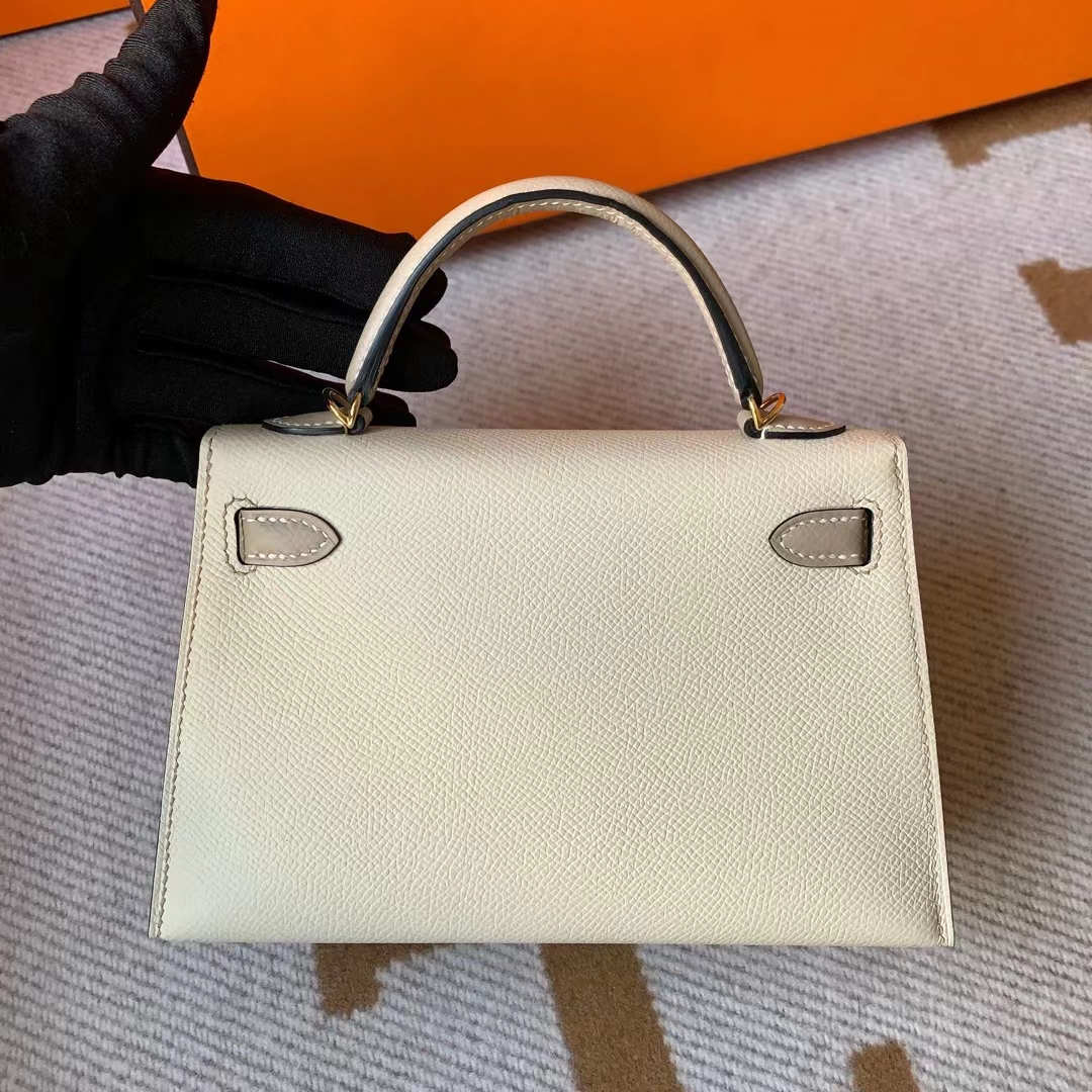 Hermès（爱马仕）Kelly Mini Ⅱ 迷你凯莉 Hss Epsom Ck10 奶昔白 拼 S2 风衣灰 金扣 19cm