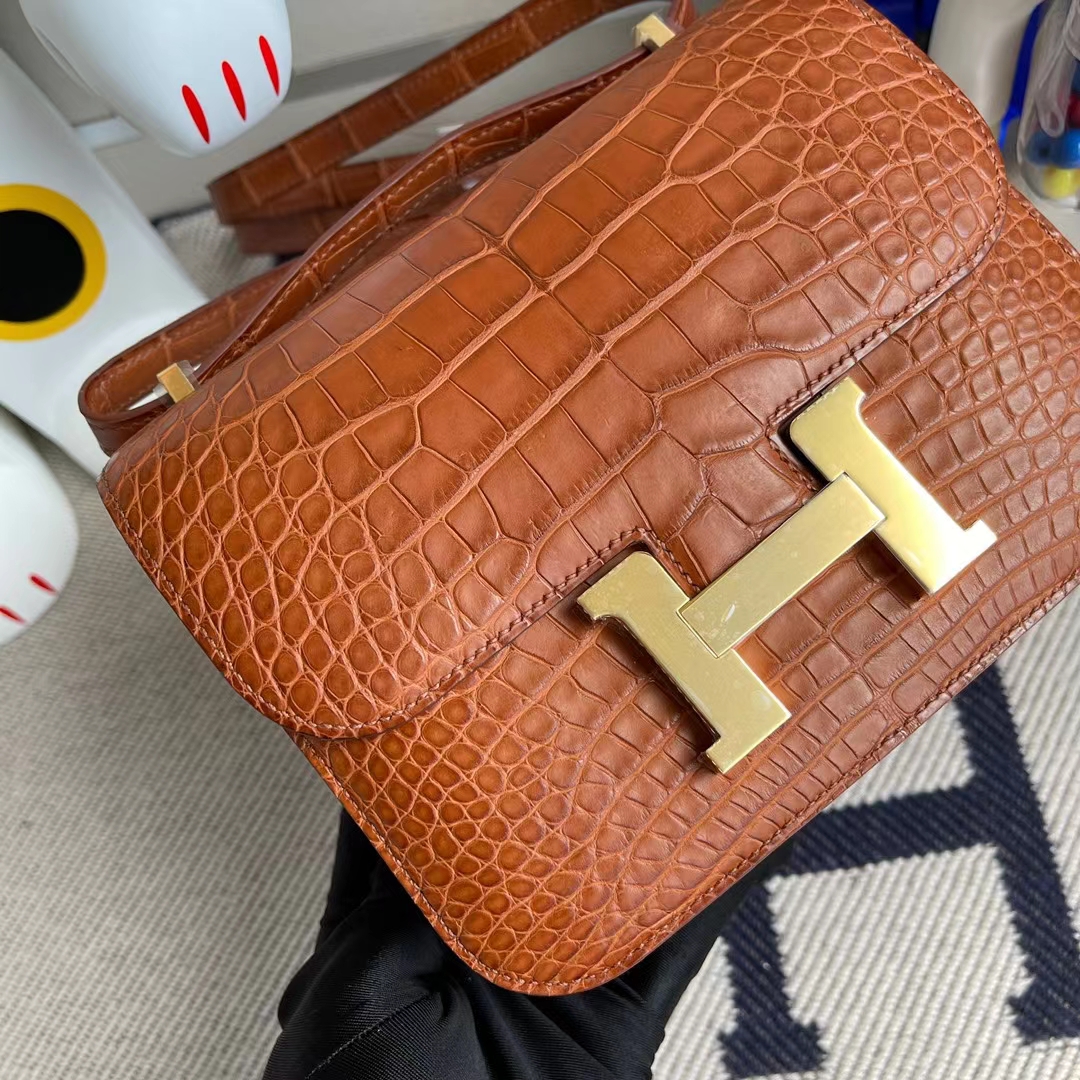 Hermès（爱马仕）Constance 空姐包 雾面美洲鳄鱼 Ck37 金棕色 Gold Matte Alligator Crocodile 金扣 19cm
