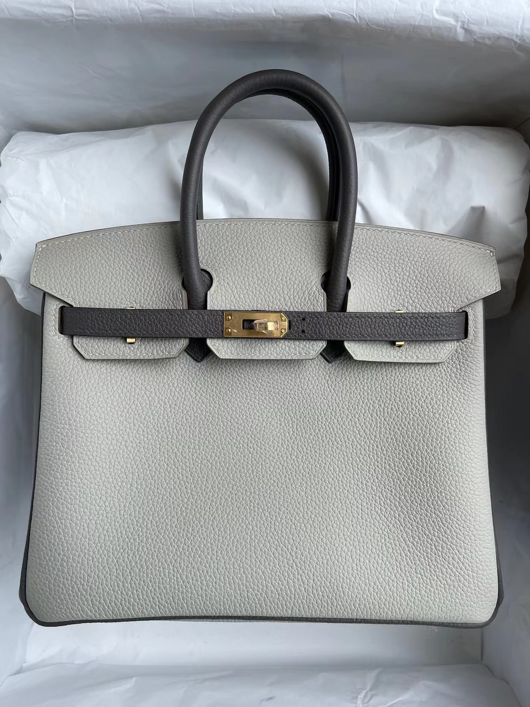 Hermès（爱马仕）Birkin 铂金包 togo ck80 珍珠灰 拼 m8 沥青灰 磨砂金扣 25cm