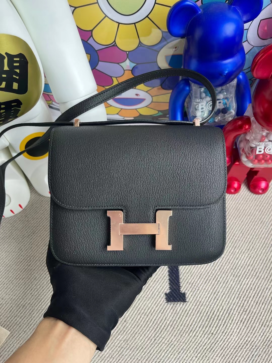 Hermès（爱马仕）Constance 空姐包 Chevre 进口山羊皮 Ck89 黑色 玫瑰金扣 19cm