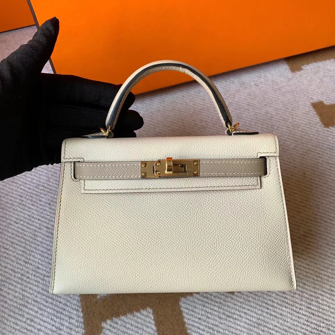 Hermès（爱马仕）Kelly Mini Ⅱ 迷你凯莉 Hss Epsom Ck10 奶昔白 拼 S2 风衣灰 金扣 19cm