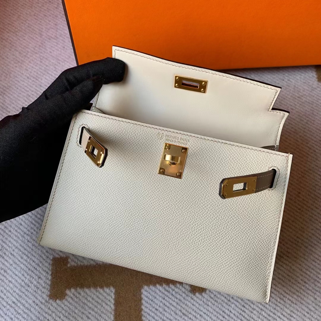 Hermès（爱马仕）Kelly Mini Ⅱ 迷你凯莉 Hss Epsom Ck10 奶昔白 拼 S2 风衣灰 金扣 19cm