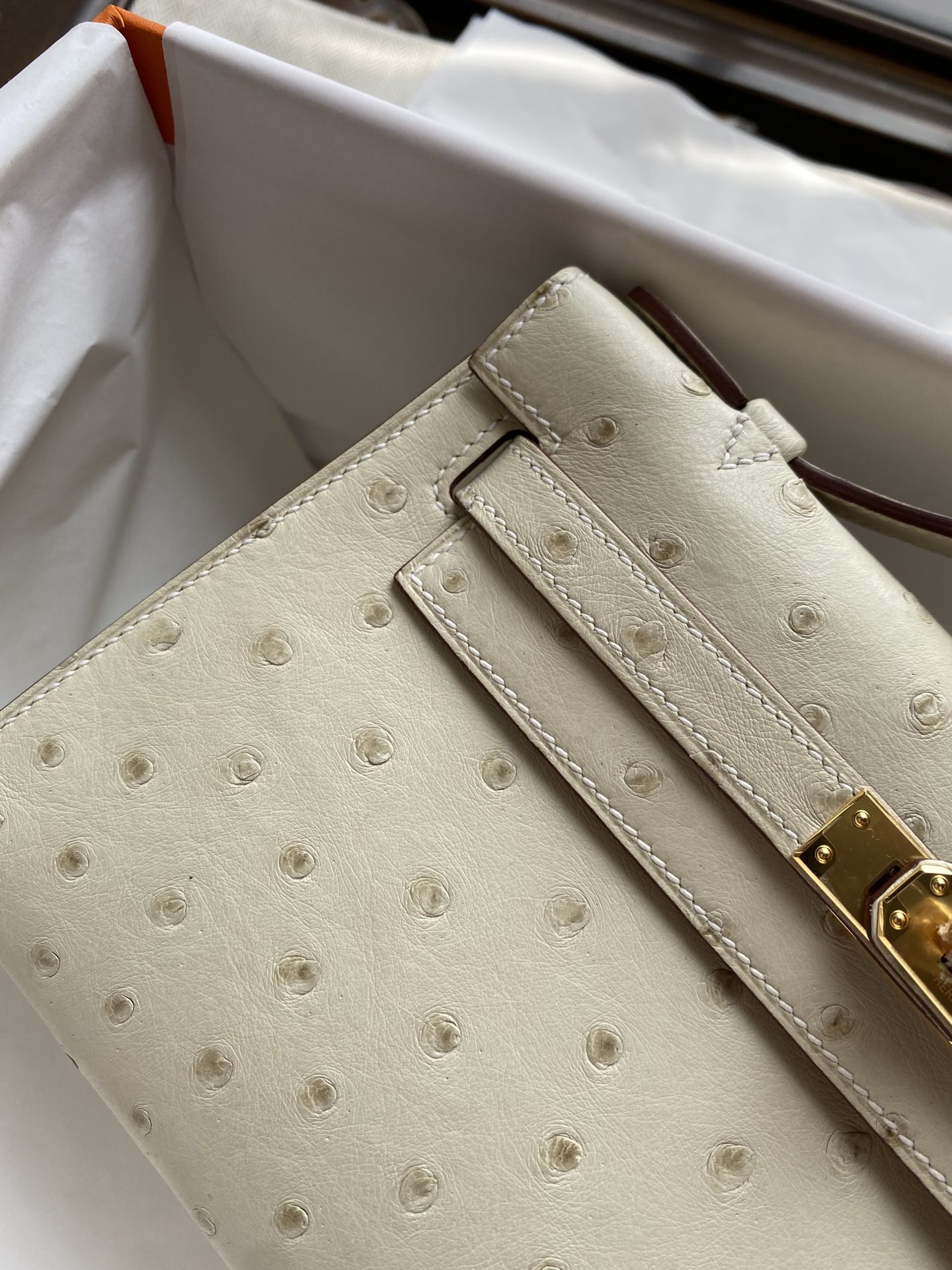 Hermès（爱马仕）Mini kelly pochette Ostrich kk鸵鸟 8U 冰川灰 银扣 22cm 晚宴包