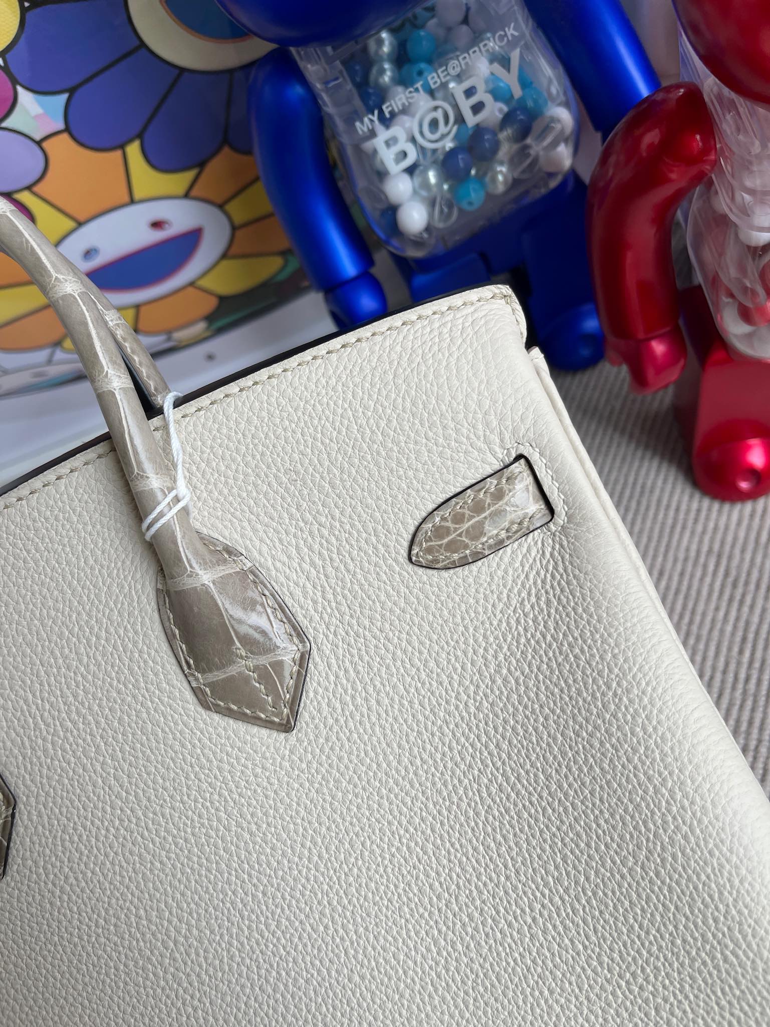 Hermès（爱马仕）Touch 系列 Birkin 铂金包 奶油白 拼 斑鸠灰 亮面鳄鱼 玫瑰金扣 25cm 顶级手缝
