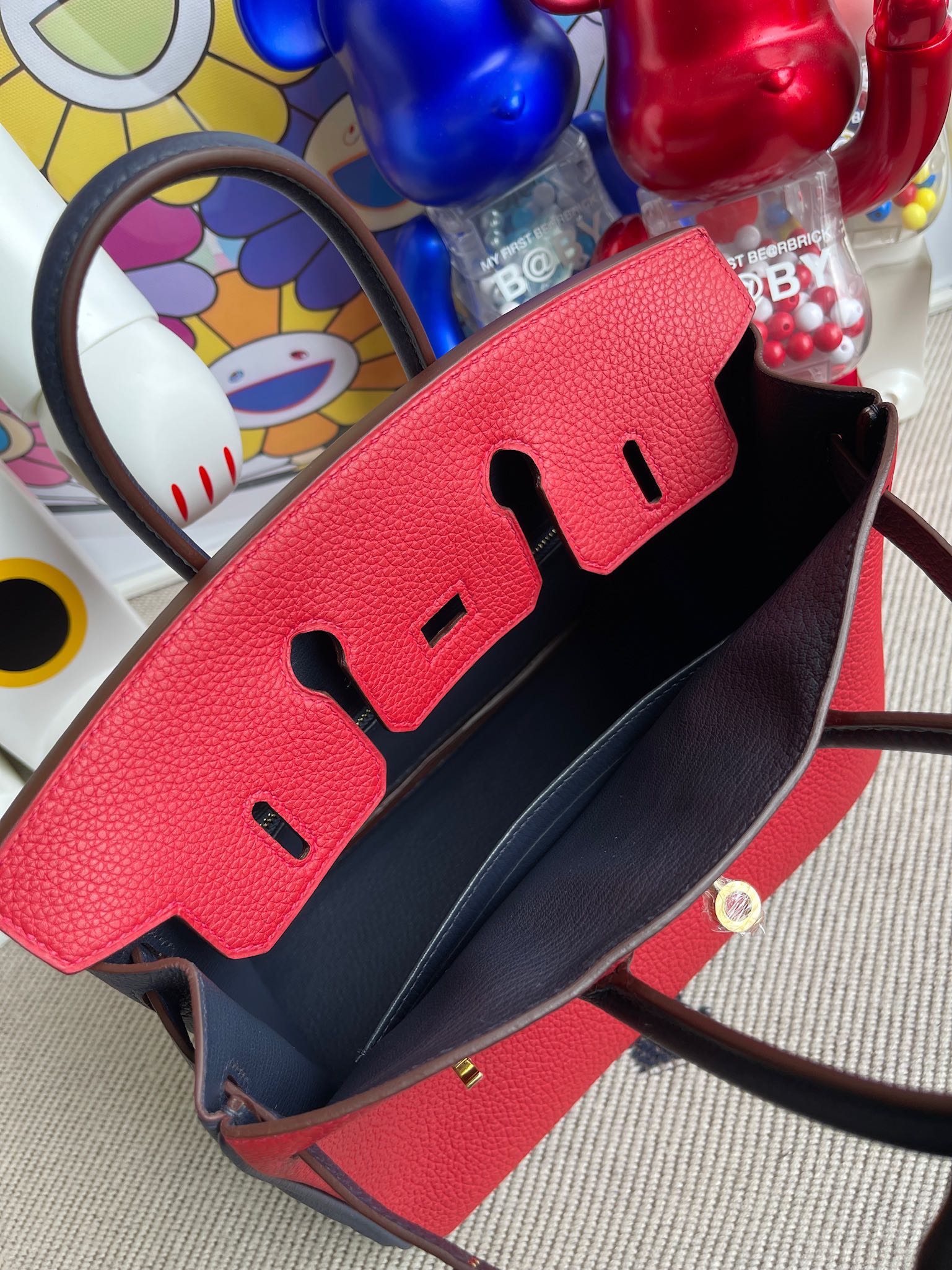 Hermès（爱马仕）Birkin 铂金包 原厂小牛皮Togo Q5 国旗红 拼 午夜蓝 金扣 马蹄银 25cm 顶级手缝