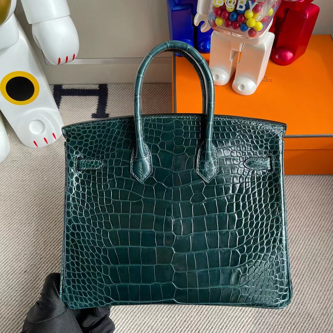 Hermès（爱马仕） Birkin 凯莉包 亮面美洲鳄鱼 6O 松柏绿 银扣 Shiny Alligator Crocodile 25cm