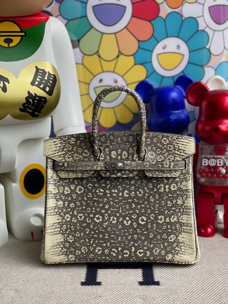 Hermès（爱马仕）Birkin 铂金包 Lizard 进口亮面蜥蜴 原色 小喜马拉雅色 银扣 25cm 顶级手缝